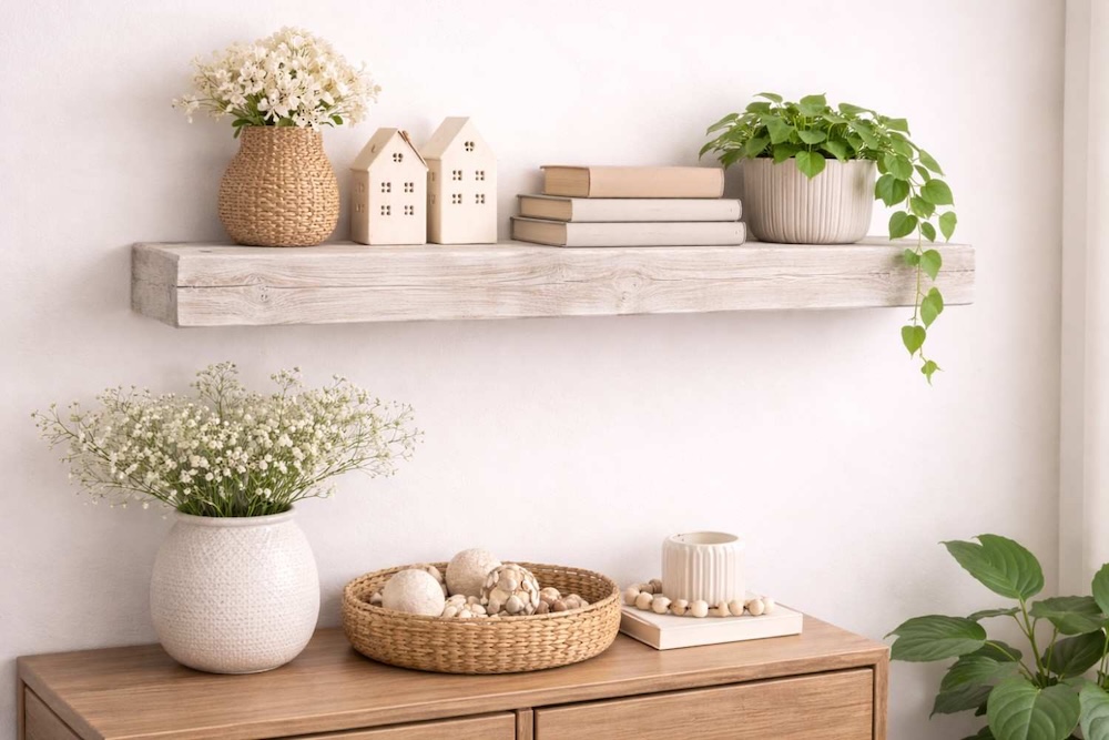 wisząca półka z bielonego drewna 