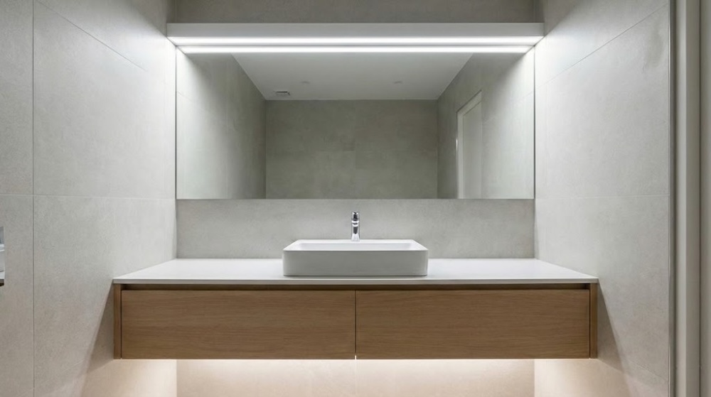 oświetlony blat z lustrem w łazience 