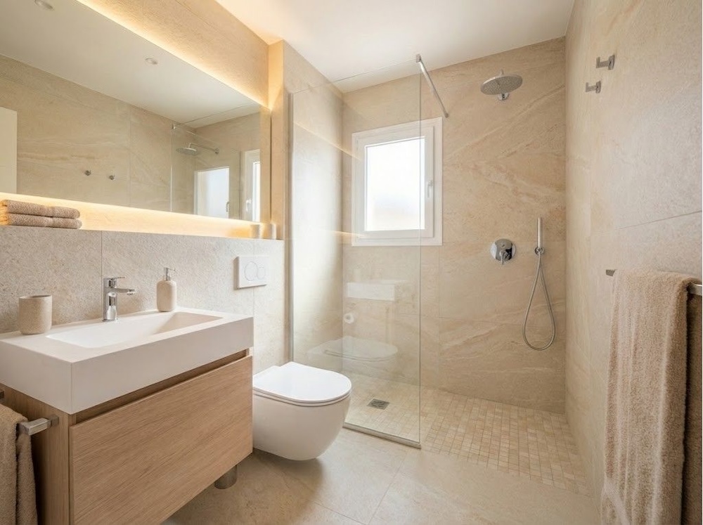 jasna łazienka 2m2 z umywalką obok prysznica 