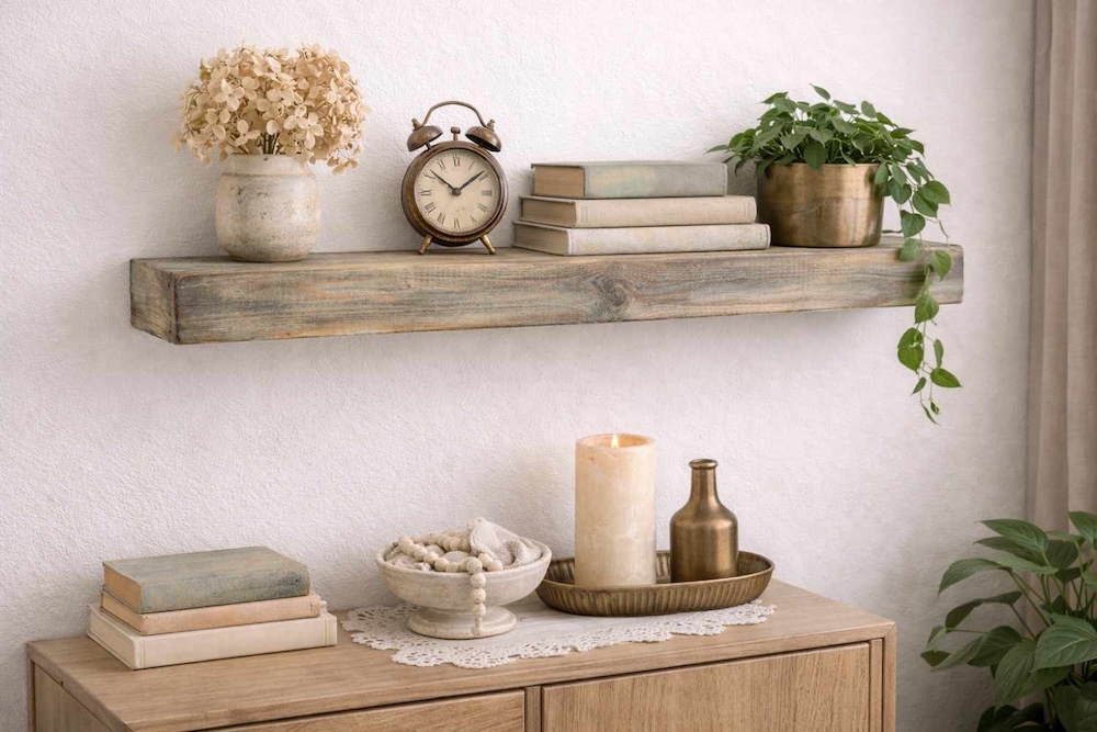 patynowana półka z palety w pokoju 