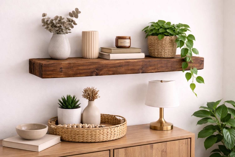 półka na ścianie pomalowana bejcą 
