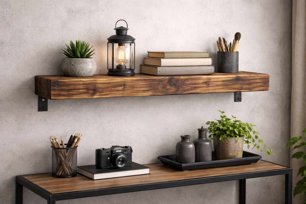 półka wisząca z opalanego drewna 