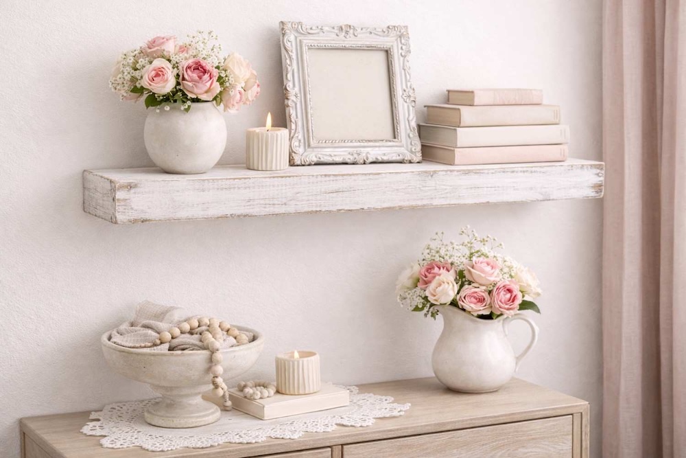 biała półka w stylu schabby chic na ścianie 