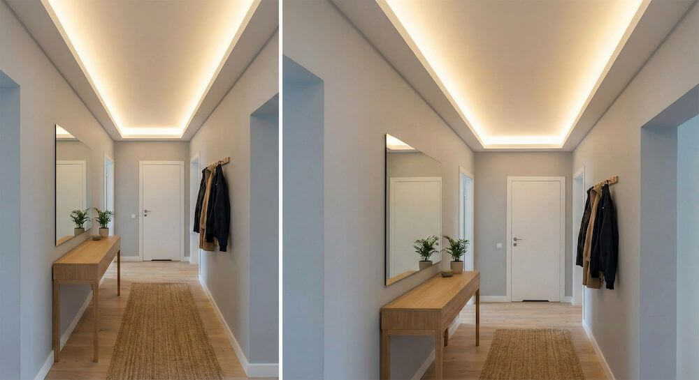 LED przy suficie w wąskim przedpokoju