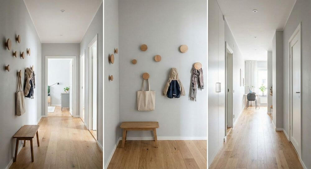 Minimalistyczne wieszaki ścienne w przedpokoju