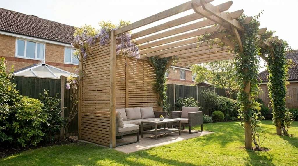 pergola w ogrodzie przy ogrodzeniu 