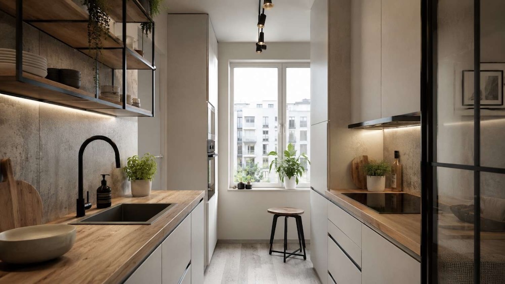 wąska kuchnia w bloku z wielkiej płyty - estetyka loft wąska kuchnia w bloku z wielkiej płyty - styl loft