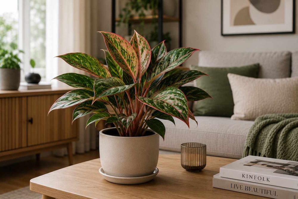 aglaonema-w-doniczce-w-salonie Aglaonema w beżowej doniczce na stoliku