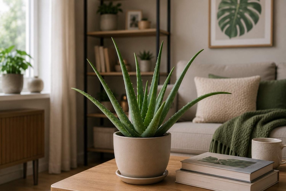 aloes-zwyczajny-w-salonie aloes w beżowej doniczce