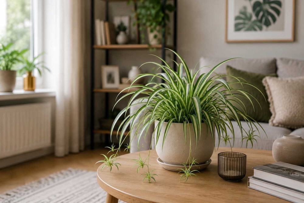 chlorophytum-na-stoliku-w-salonie Zielistka w doniczce na stoliku