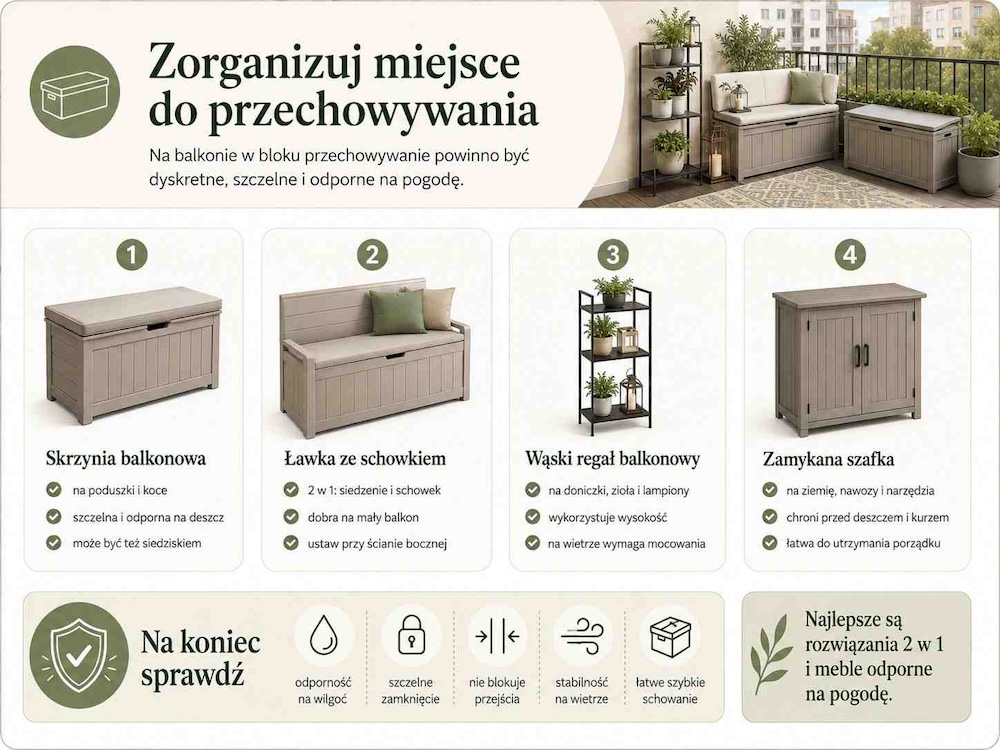 pomysl-na-balkon-w-bloku-przechowywanie pomysł na balkon w bloku z miejscem do przechowywania