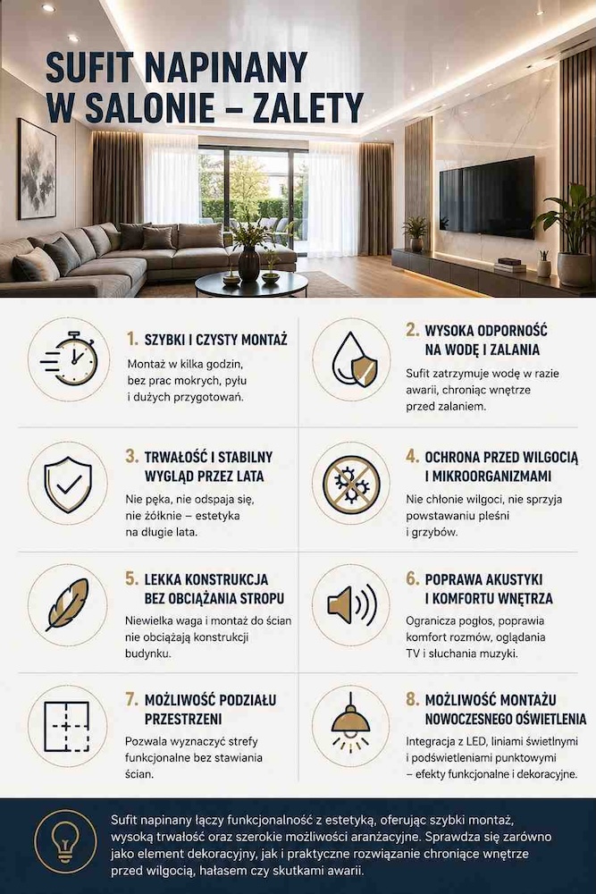 sufit-napinany-w-salonie-zalety sufit napinany w salonie - korzyści