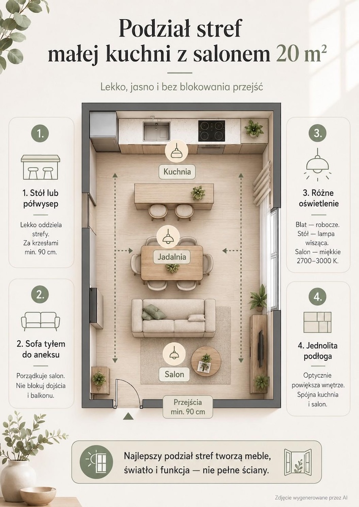 mala-kuchnia-z-salonem-20m2-podzial-stref mała kuchnia z salonem 20m2 - podział na strefy