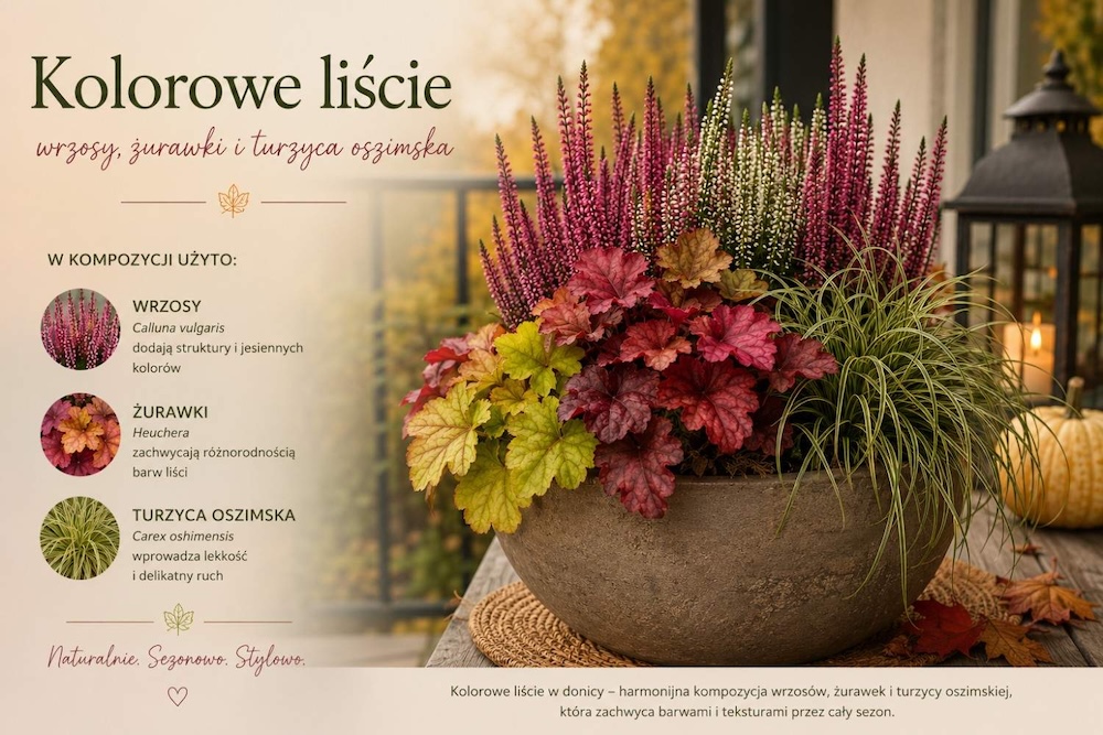 wrzosy-i-kolorowe-liscie-w-kompozycji wrzosy z kolorowymi żurawkami w donicy